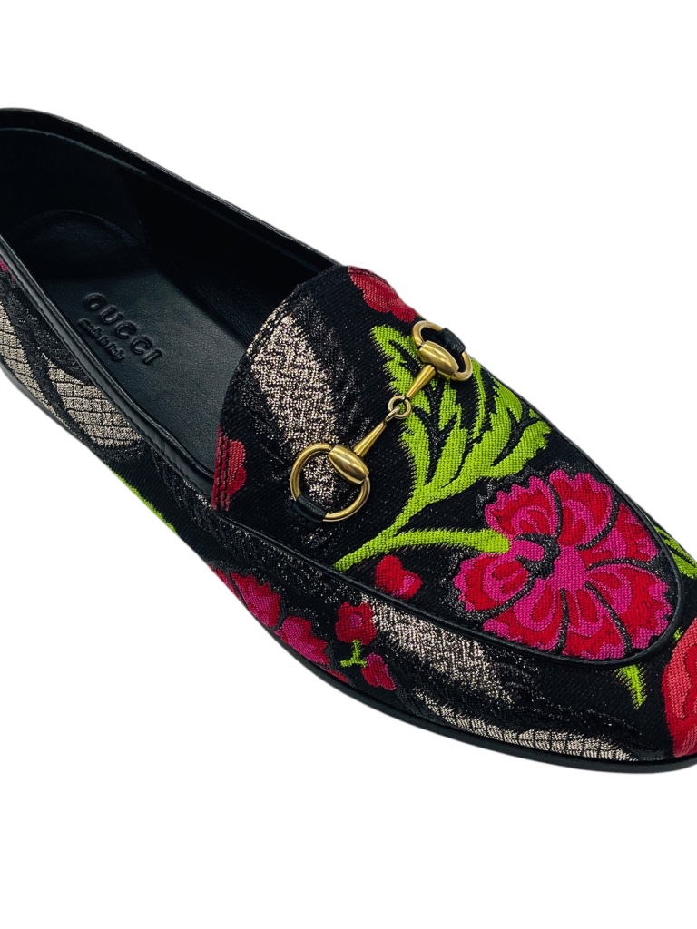 Gucci Black / Pink Multi Floral Embroidered Brocade Fabric Jordaan Horsebit Slip